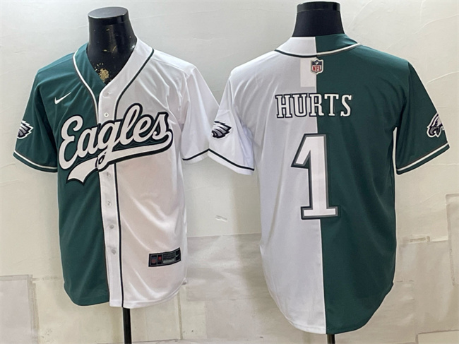 Men's Philadelphia Eagles #1 Jalen Hurts Green White Split Stitched Jersey